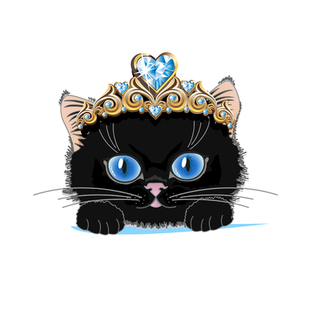 A cat with a gold tiara and a blue crystal. Vector illustration.のイラスト素材