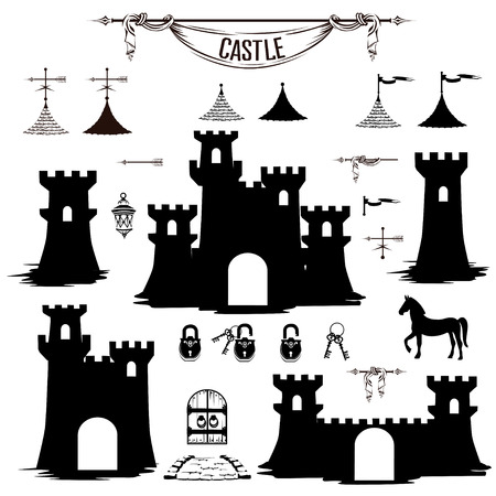 Set of silhouettes of castle towers and design elements. Vector illustration.のイラスト素材