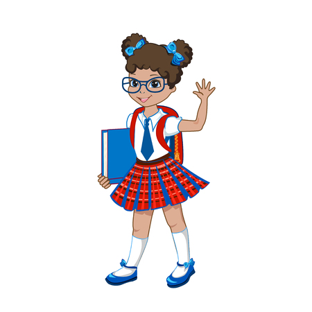 Cute schoolgirl with color books. Vector illustration on white backgroundのイラスト素材