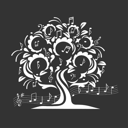 A musical tree with curls and notes. Vintage vector illustration.のイラスト素材