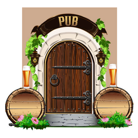 Old wooden door to the pub with wooden barrels and beer. Colorful vector illustration.のイラスト素材