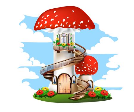 Colorful illustration of a mushroom house with a red roof.のイラスト素材