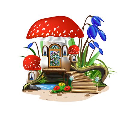 Colorful illustration of a mushroom house with a red roof.のイラスト素材