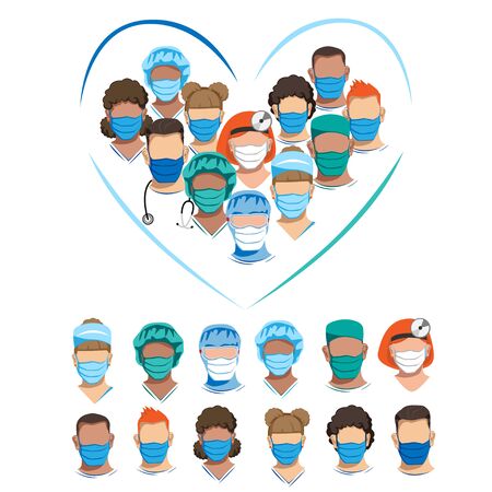 Set of characters of doctors in medical masks. Quarantine Vector illustration.のイラスト素材