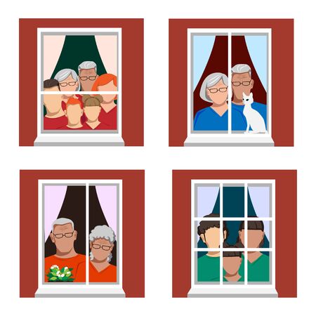 Families are at home isolation and are looking out the window. Stay home. Set of Vector Illustrations.のイラスト素材