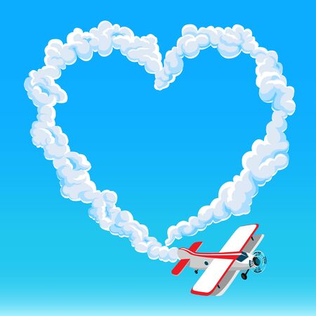 The plane draws a heart from fluffy clouds on a blue sky. Color vector illustration.のイラスト素材