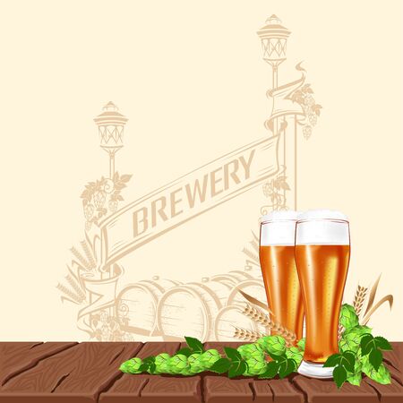 Beer background with a glass of beer is standing on old boards. Beer Festival. Background for menu, advertisement or poster. Vector illustration.のイラスト素材