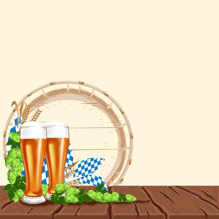 Beer background with a glass of beer is standing on old boards. Beer Festival. Background for menu, advertisement or poster. Vector illustration.のイラスト素材