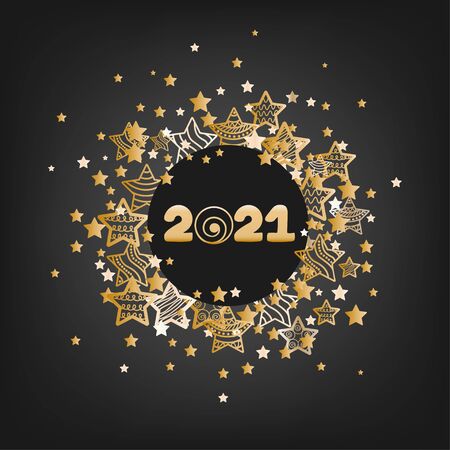 Happy new year 2021! Vector numbers with gold starry decoration on a dark background. Illustration for a holiday dcor.のイラスト素材