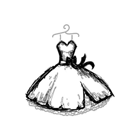 Beautiful evening dress with lines dress. Dress on a hanger. Outline of clothes. illustration.のイラスト素材