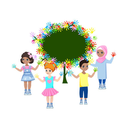 Happy children of different nationalities draw on the wall. Preschool creativity. Colorful illustration in cartoon style isolated on white background.のイラスト素材