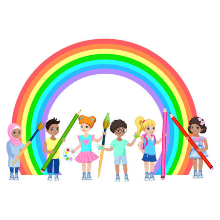 Happy children of different nationalities draw on the wall. Preschool creativity. Colorful illustration in cartoon style isolated on white background.のイラスト素材