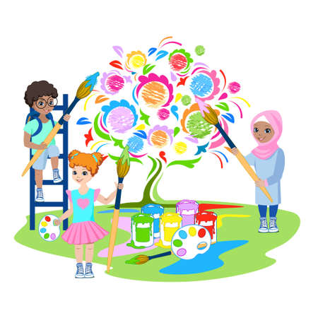 Happy children of different nationalities draw on the wall. Preschool creativity. Colorful illustration in cartoon style isolated on white background.のイラスト素材