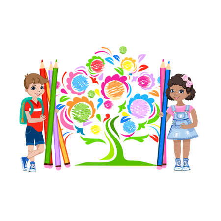 Happy children of different nationalities draw on the wall. Preschool creativity. Colorful illustration in cartoon style isolated on white background.のイラスト素材