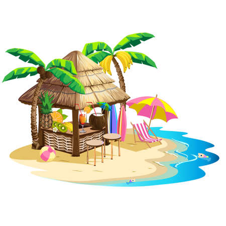 Beach bar with cocktails by the sea. Summer vacation on the beach. Cartoon style. Templates for invitations and advertising. Vector illustration.のイラスト素材