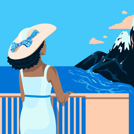 Girls in a hat with a bow and in a tight dress looks at the sea. Flat illustration on summer background. Travel and rest by the sea. Template for invitations, brochures and posters.のイラスト素材