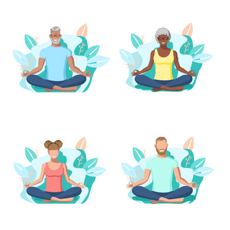 Active men and women of different nationalities and ages practice yoga. Healthy lifestyle. Isolated vector illustration of sports people on a white background.のイラスト素材