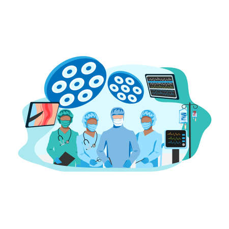 Surgical operation in the operating room. Medical equipment for surgical operations. Thanks to the doctors and nurses. Vector illustration isolated on a white background.のイラスト素材