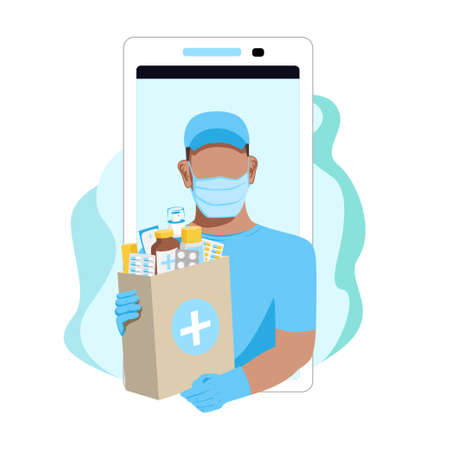A courier wearing a protective mask and gloves delivers medicines. Quarantine and medicine. Vector illustration isolated on white background.のイラスト素材