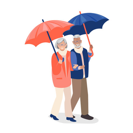 Elderly couple walks under umbrellas. Older people lead an active lifestyle. Social protection and assistance to the elderly. Isolated vector illustration in flat style.のイラスト素材