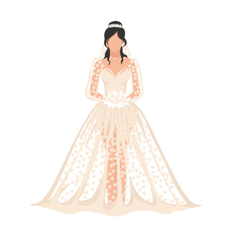 Beautiful bride in a transparent lace dress with a wedding bouquet in her hands. Flat wedding vector illustration isolated on white background.のイラスト素材
