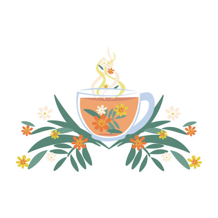 Mug with herbal tea and flowers. Herbal medicine. Isolated vector illustration.のイラスト素材