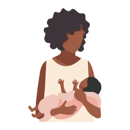 Mom with a baby in her arms after childbirth. The joy of motherhood. Love and care for children. Mother's day. Isolated vector illustration.のイラスト素材