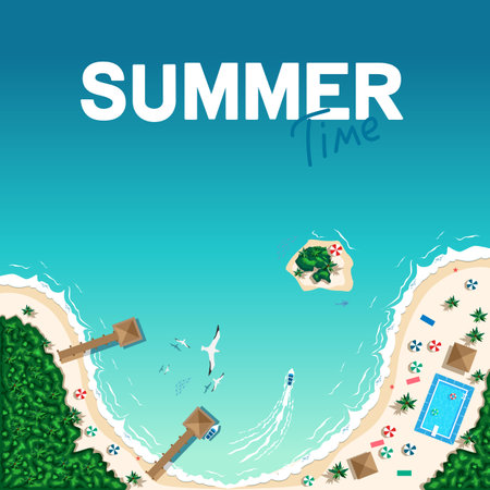 Aerial view of a tropical beach and islands. Summer vacation poster template. Summer travel. Vector illustration.のイラスト素材