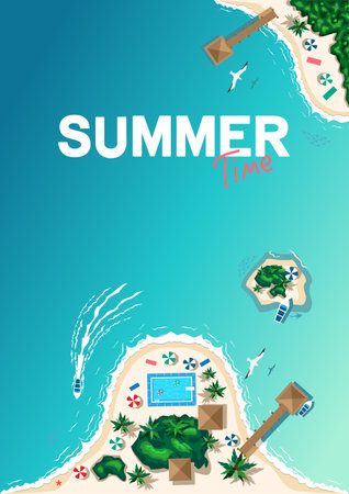 Aerial view of a tropical beach and islands. Summer vacation poster template. Summer travel. Vector illustration.のイラスト素材