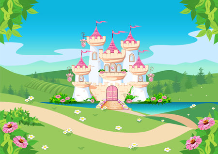 Fabulous background with the princess castle by the lake in the forest. Castle with pink flags, precious hearts, roofs, towers and gates. Fabulous vector illustration.のイラスト素材