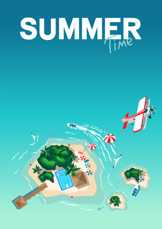 Aerial view of a tropical beach and islands. Summer vacation poster template. Summer travel. Vector illustration.のイラスト素材