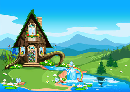 Cartoon forest elf house with a balcony and a magical waterfall weaving into a pond with water lilies. Fairy tale illustration isolated on white background.のイラスト素材