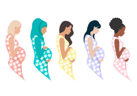 Vector set of beautiful pregnant women of different nationalities isolated on white background. The happiness of motherhood. Vector illustration.のイラスト素材