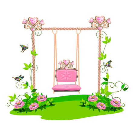 The swing for the princess is decorated with hearts on the lawn and is entwined with pink flowers. Vector illustration on a white background.のイラスト素材