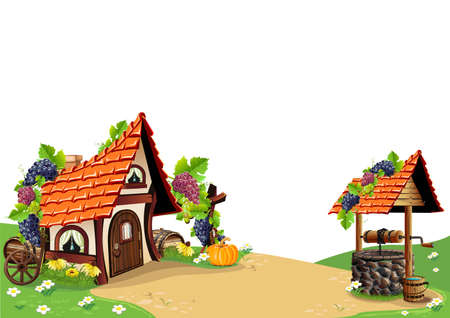 A fabulous house with an orange roof in the village, near the house there is a stone well. Beautiful fairy tale background isolated on white background. Vector illustration in cartoon style.のイラスト素材