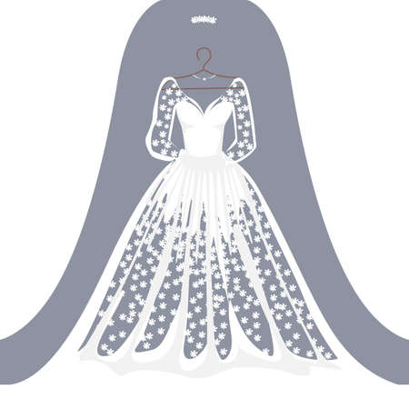A beautiful wedding dress hangs on a hanger. Beauty and fashion. Background vector illustration template for invitation or card.のイラスト素材