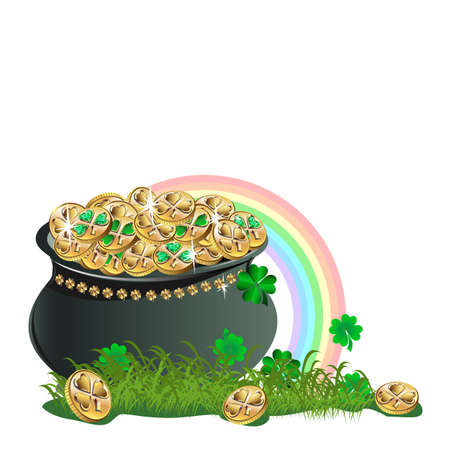 Colorful template for postcard, poster or invitation to St. Patrick's Day with rainbow, gold, gnome and holiday symbols isolated on white background.のイラスト素材