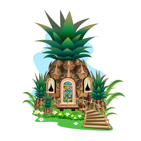 Vector illustration of a fairy tale house in a pineapple with a door, windows and stairs cartoon style. Exotic fruit templates for creativity isolated on white background.のイラスト素材