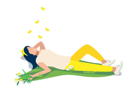 Vector illustration of a happy young girl lies on the grass and looks at yellow butterflies on a white background. Summer outdoor recreationのイラスト素材