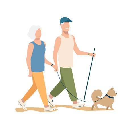 An elderly couple are walking the dog. Active pensioners vector illustration isolated on white background.のイラスト素材