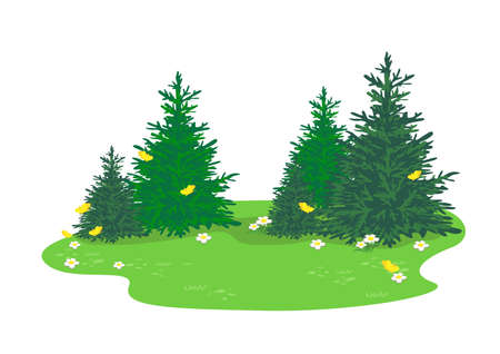Vector summer landscape of a forest glade with trees, blooming flowers and yellow butterflies.のイラスト素材