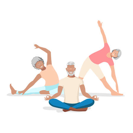 A group of active elderly men and women go in for sports and lead an active lifestyle. Vector illustration isolated on white background.のイラスト素材