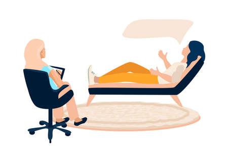 This girl lies on the sofa in the psychologist's office and talks about her experiences and problems vector illustration isolated on a white backgroundのイラスト素材
