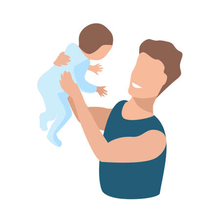 Happy young dad is playing plays with a small child. Happiness of fatherhood, father's day, happy childhood, vector illustration in simple modern style isolated on white background.のイラスト素材