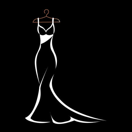 Hanging on a hanger is a beautiful lace and sparkly dress for wedding, evening or prom. Beauty and fashion. Background vector illustration template for invitation, flyer or card.のイラスト素材