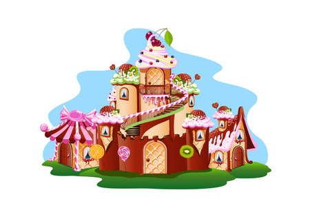 Sweet castle in the candy land. Sweet fairy tale vector illustration on white background for creating a poster, flyer or cardのイラスト素材