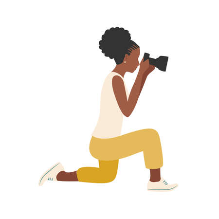 Beautiful black girl photographer with a camera looks into the lens. Vector illustration on white background.のイラスト素材