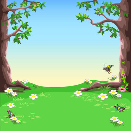 Vector fairy tale landscape of a forest glade with large trees, blooming meadow and butterflies.のイラスト素材
