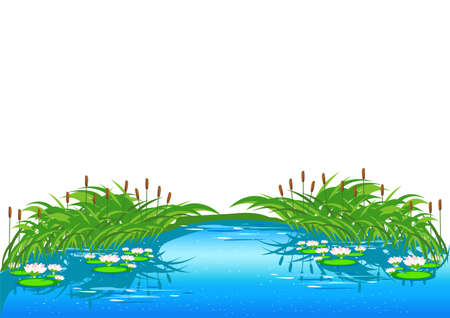 Fairy tale lake with reeds and beautiful water lilies. Vector illustration in cartoon style on a white background.のイラスト素材