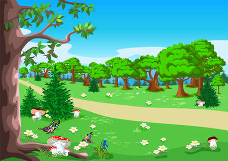 Fairytale background with trees, butterflies, flower and mushroom meadow, path, mountains and blue sky in cartoon style. Vector illustration.のイラスト素材